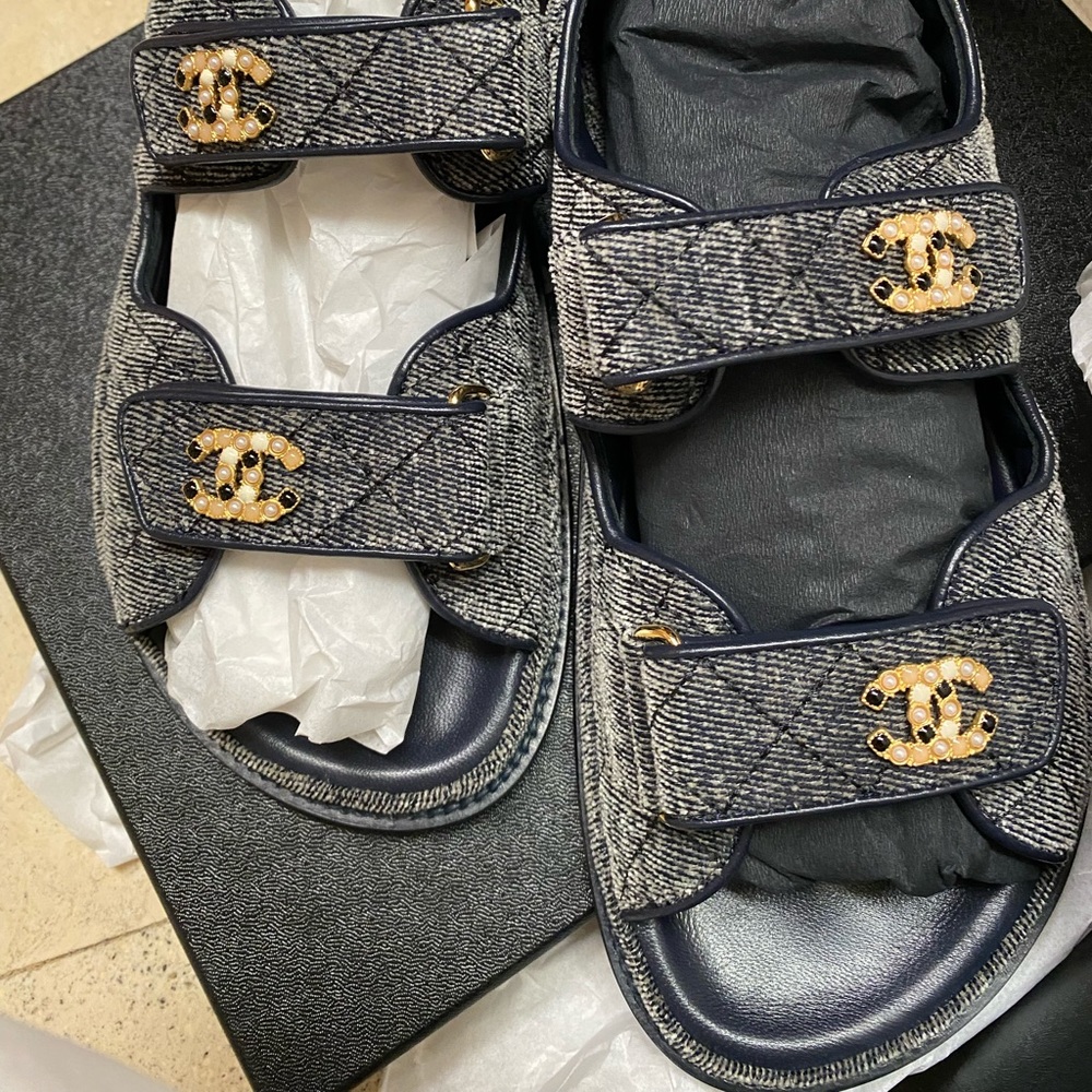 Chanel Dad Strap Velvet Sandals, NEW WITH BOX!